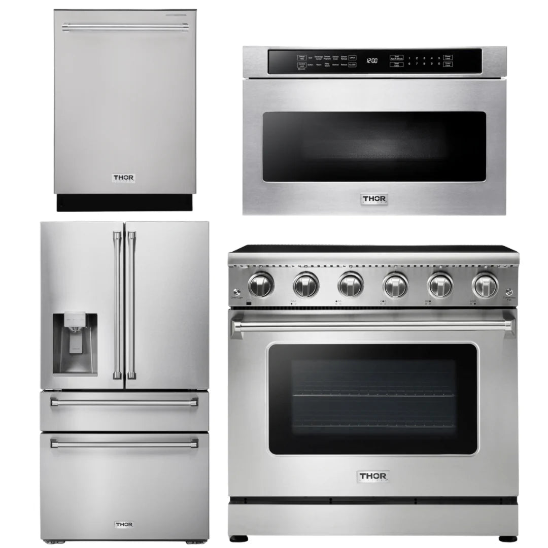 36 Electric Range, Microwave, Refrigerator with Water and Ice Dispenser, Dishwasher F81236