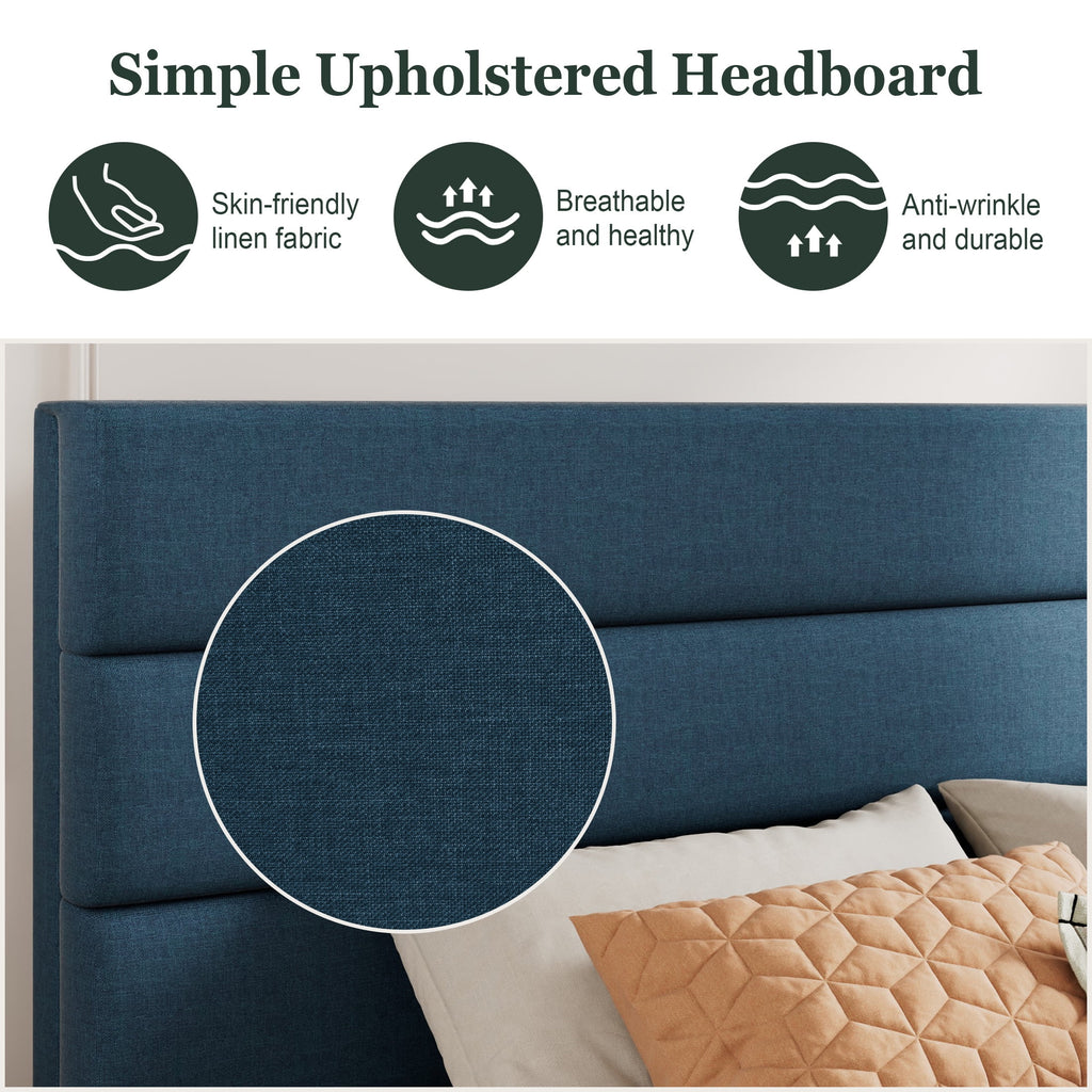 King Size Navy Blue Fabric Upholstered Platform Bed Frame with Headboard N34435