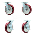 8 inch Poly on Aluminum Swivel Caster Set with Roller Bearings 2 Brakes V8958