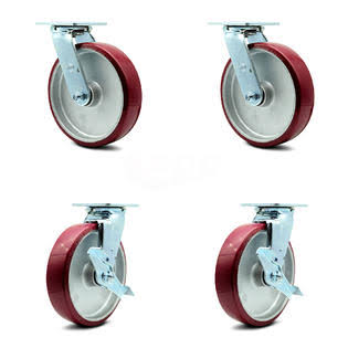 8 inch Poly on Aluminum Swivel Caster Set with Roller Bearings 2 Brakes V8958