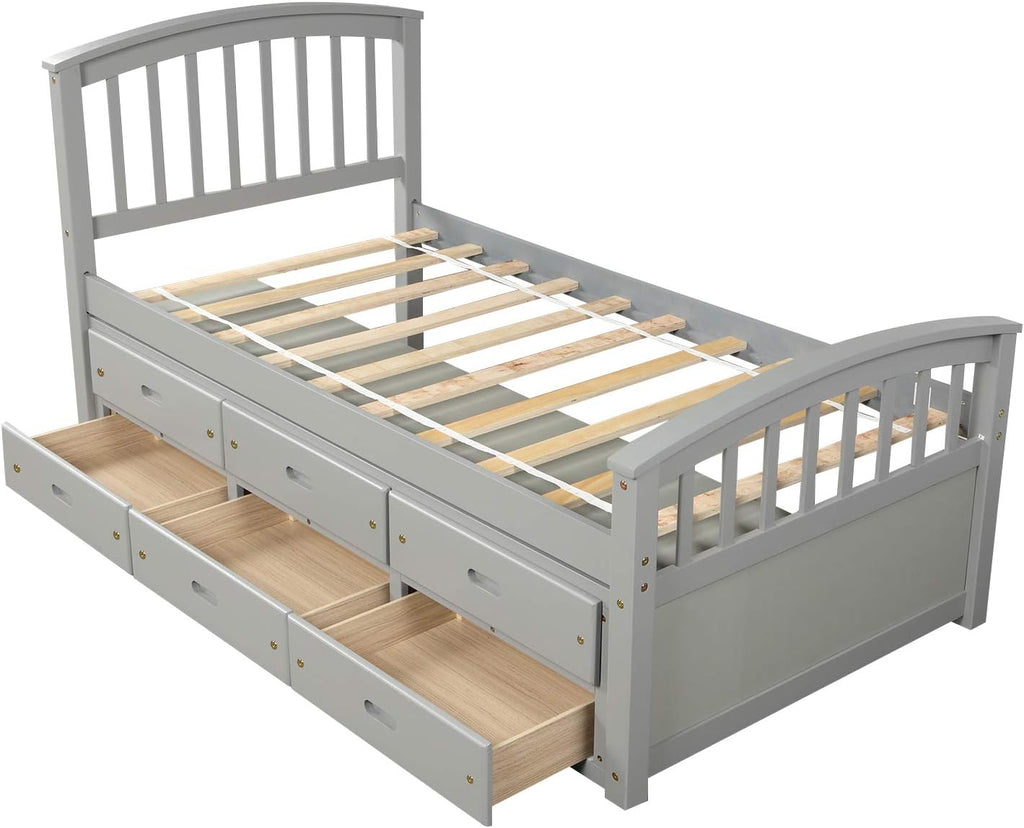 Gray Solid Wood Twin Size Platform Storage Bed with 6 Drawers G741
