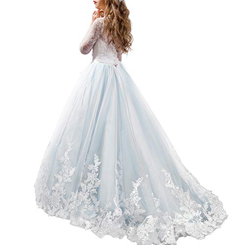 Girls Long Sleeve Lace Flower Wedding Bridesmaid Party Dresses Floor Length Tulle Ball Gown P6930