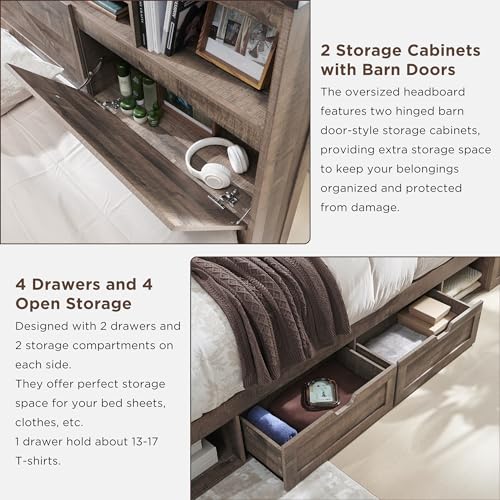 Queen Size Wood Bed Frame with Storage Bookcase Headboard 4 Drawers Z294