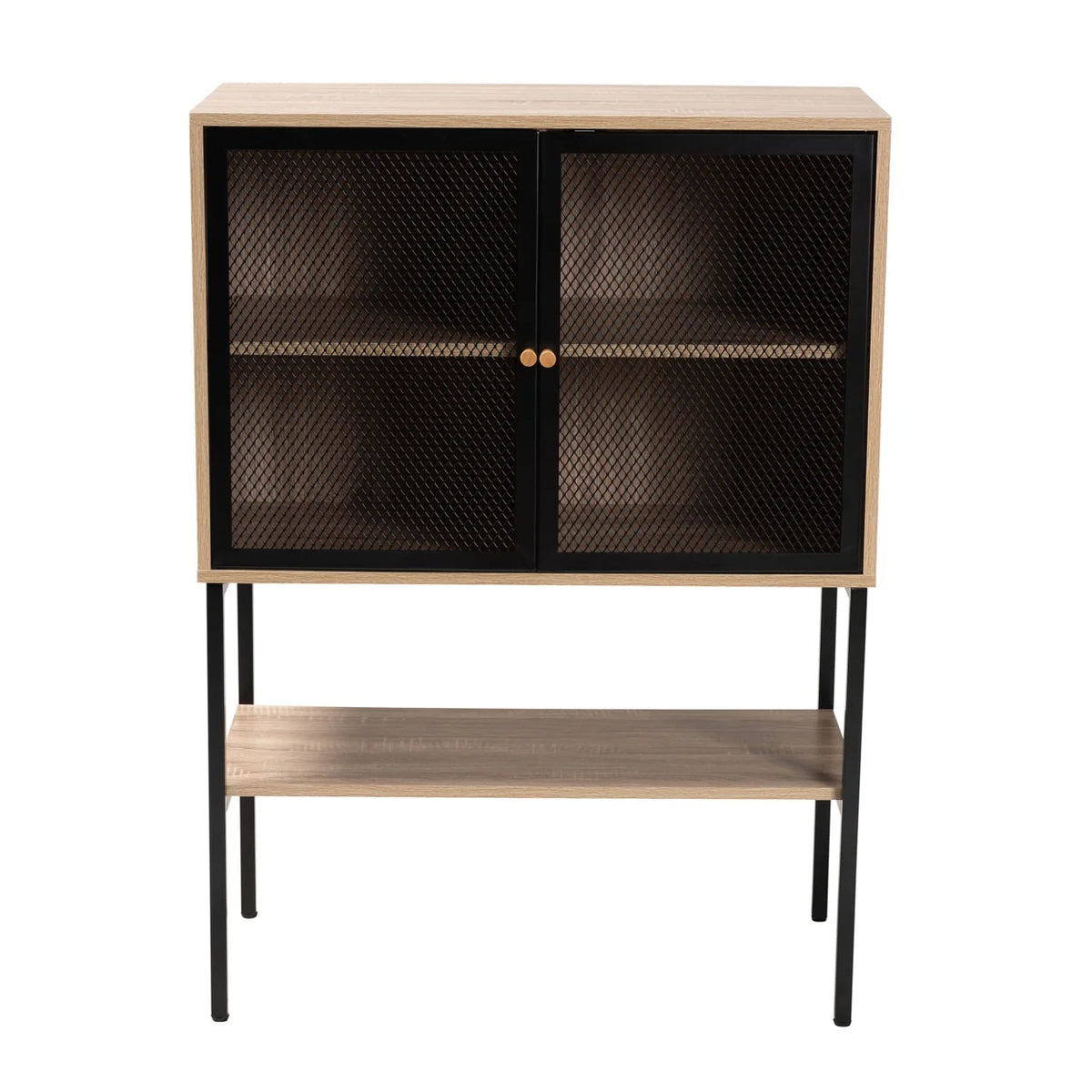 Natural Brown Wood and Black Metal 2-Door Sideboard E4192