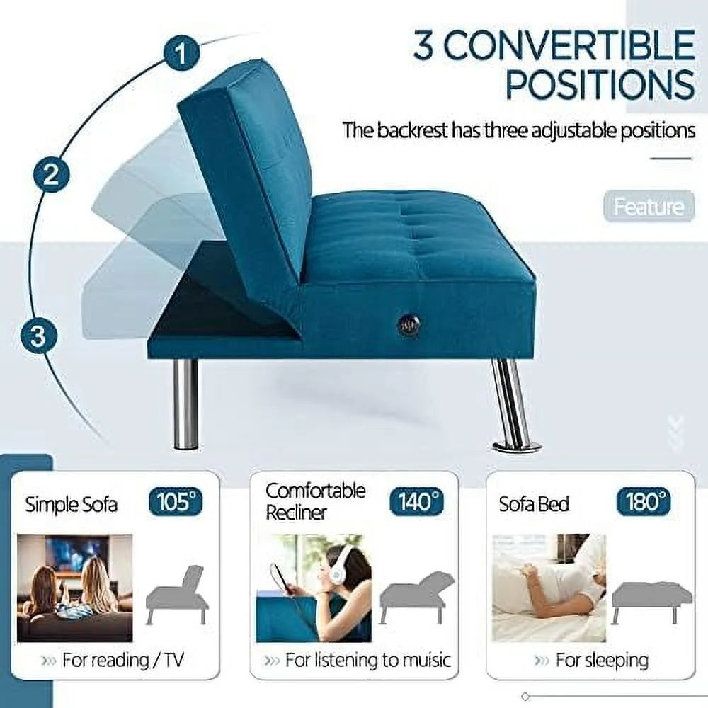 Convertible Futon Sofa Bed with 2 USB Charging Ports Fabric Loveseat Couch Metal Legs Z259