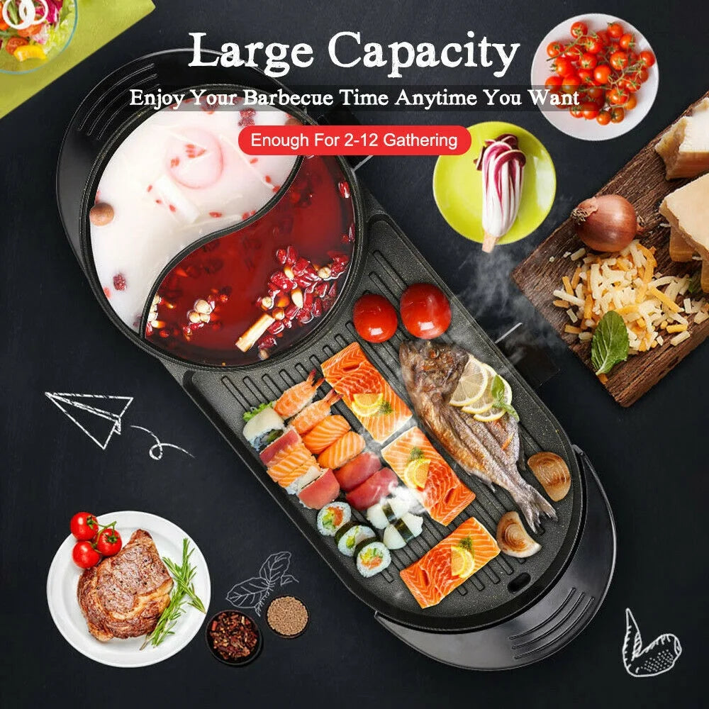 2 in 1 Electric Hot Pot Grill Non-Stick Smokeless Barbecue Pan 1100W P600
