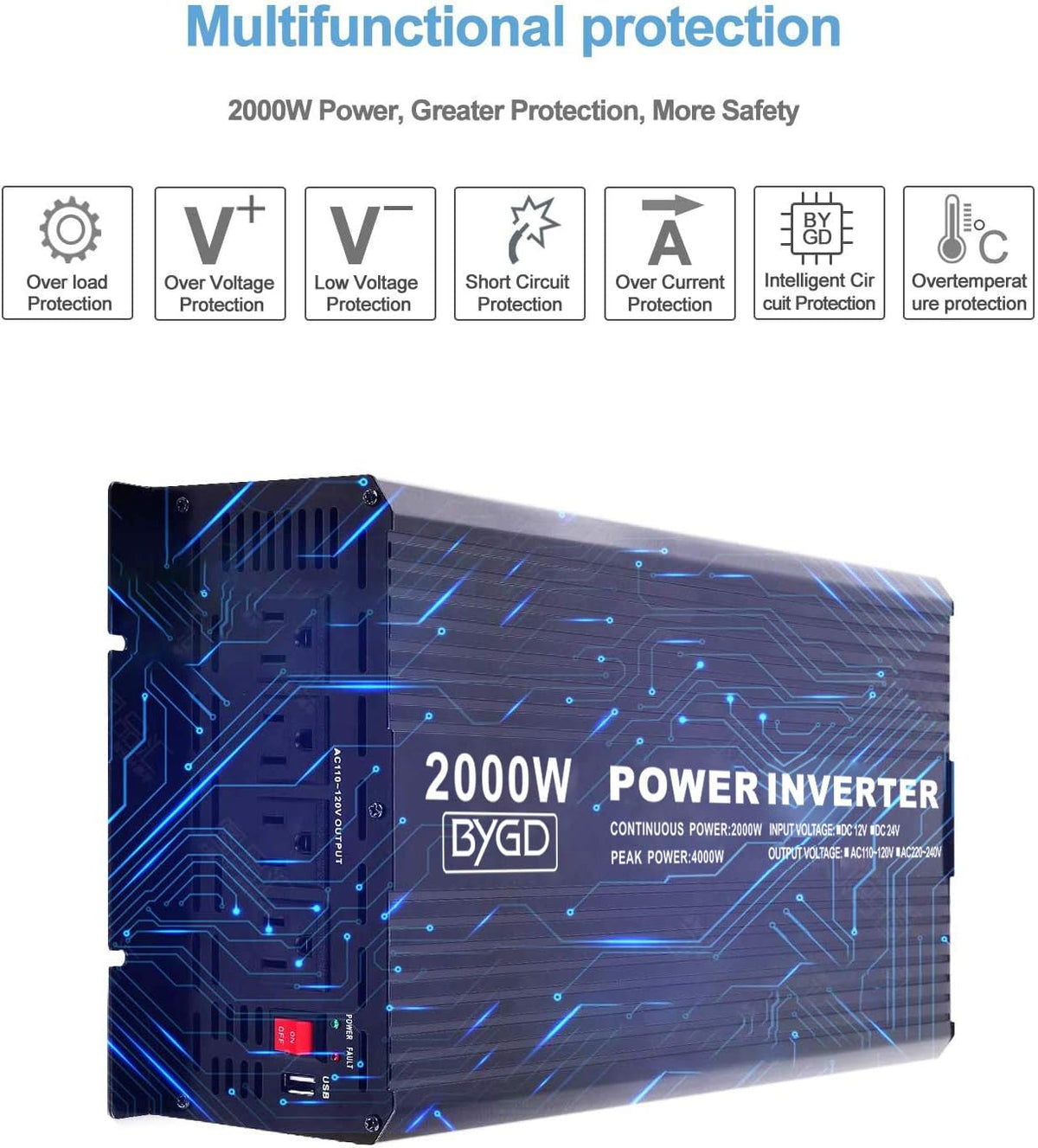 2000W Power Inverter 12V to 110V DC to AC Modified Sine Wave Inverter with 4 AC Outlets 2.1A USB Ports K35230