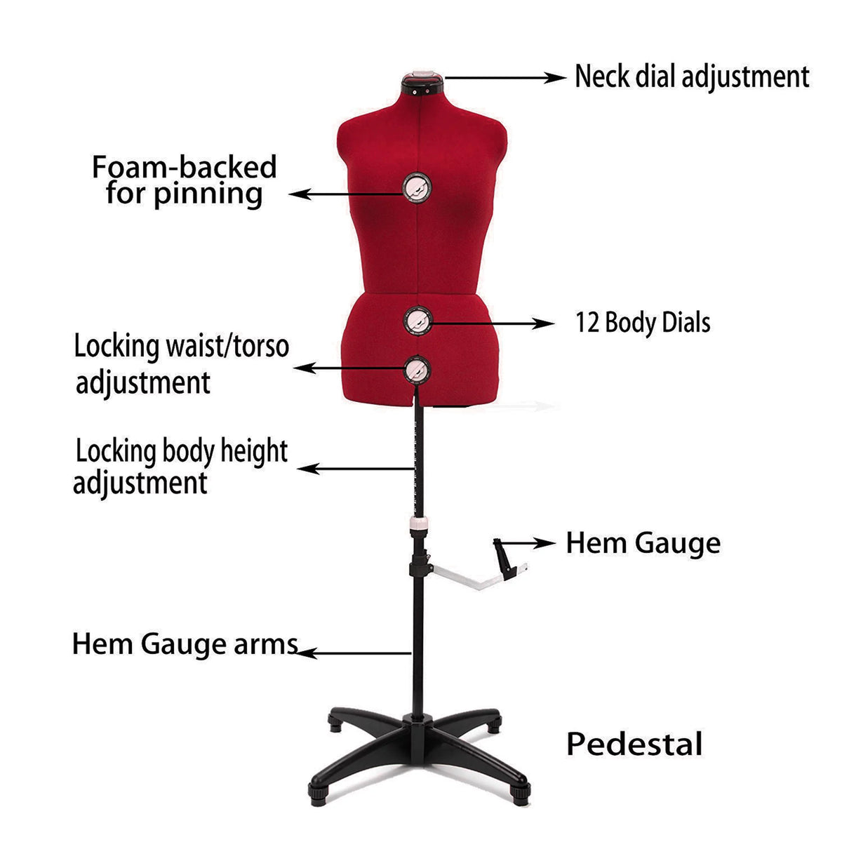 13 Dials Female Fabric Adjustable Mannequin Dress Form Red Large P4654