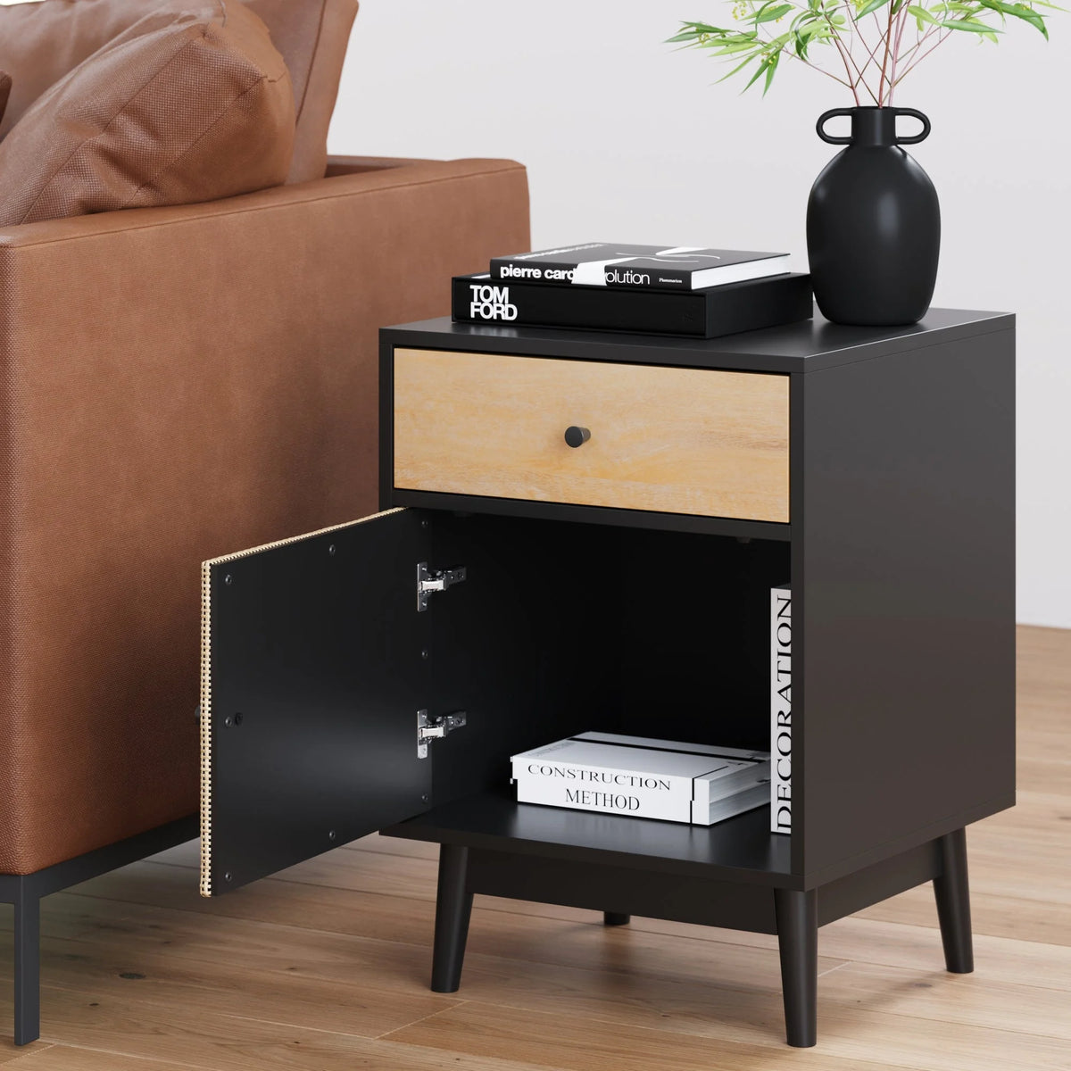Bedside Table with Mango Wood Drawer and Rattan Cane Cabinet Door Y537345