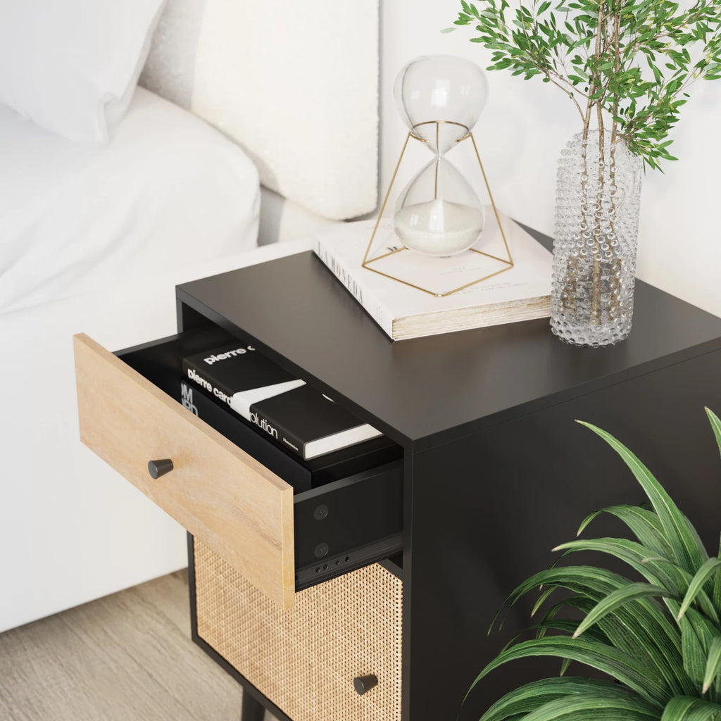 Bedside Table with Mango Wood Drawer and Rattan Cane Cabinet Door Y537345