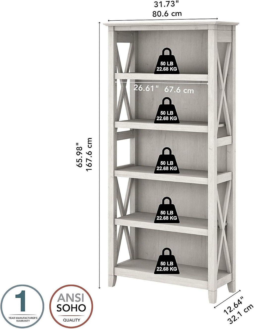 5 Shelf Bookcase in Linen White Oak Y12253