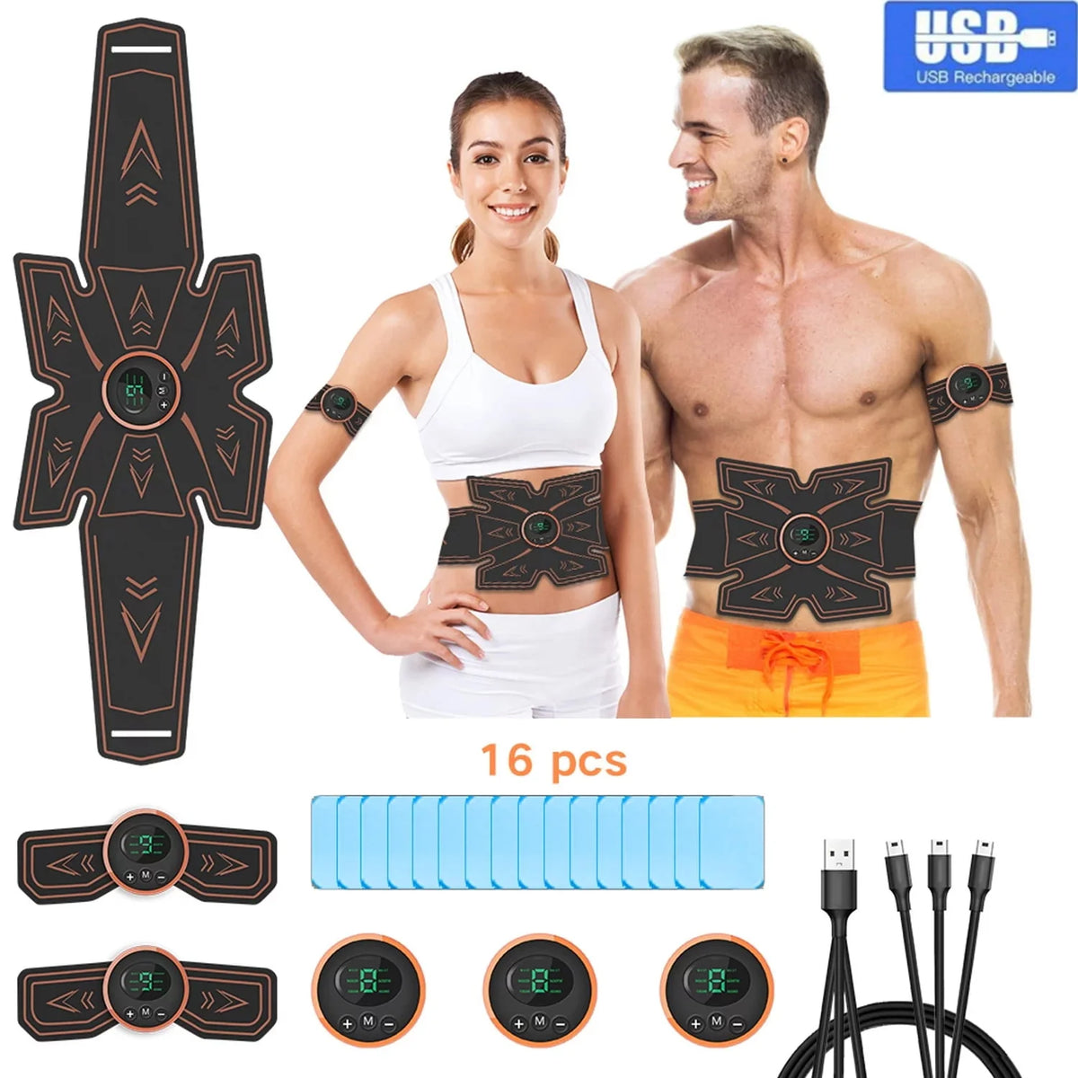 Rechargeable EMS Muscle Stimulator with 16 Gel Pads J55082