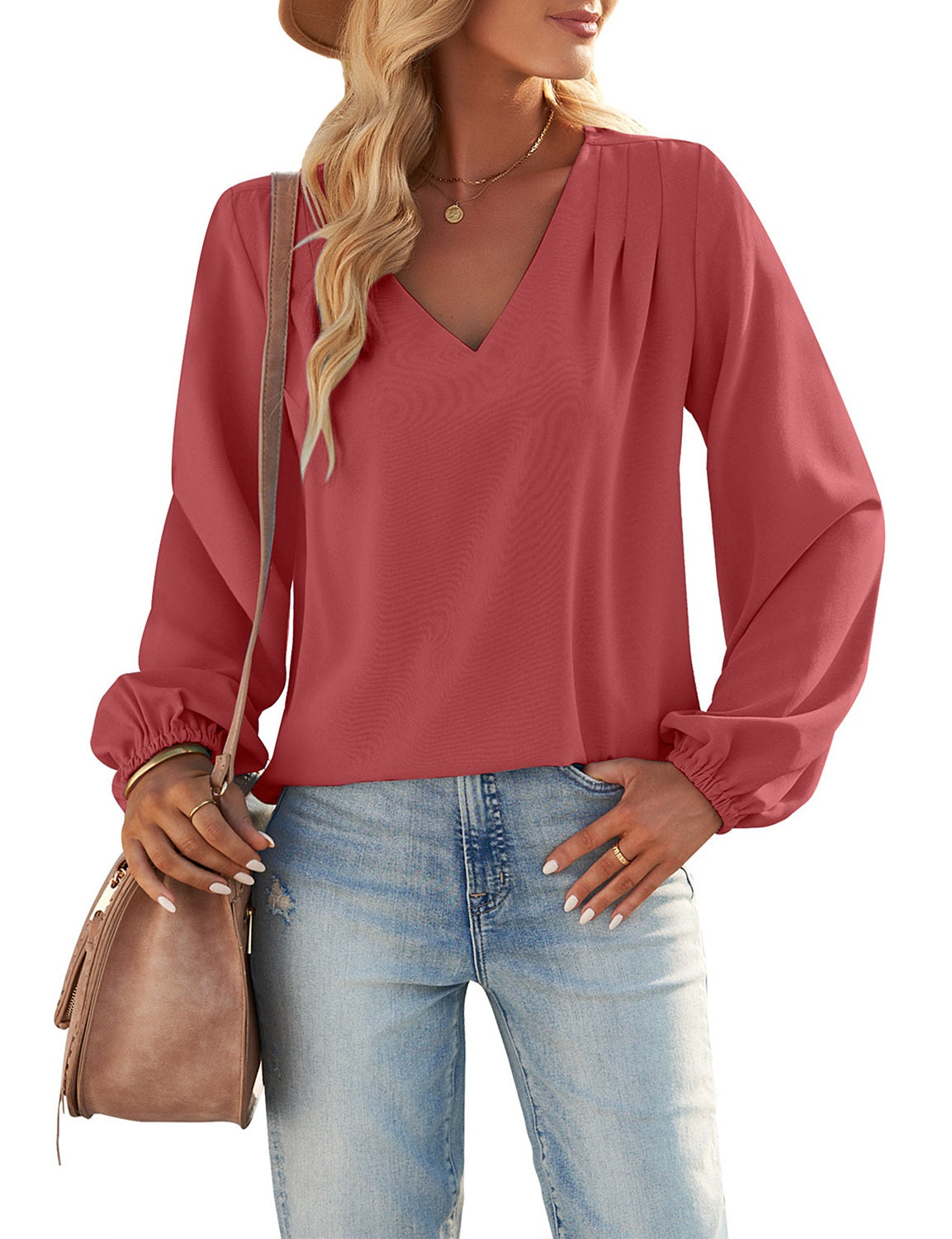 Cranberry Long Balloon Sleeve V Neck Blouses Q97803