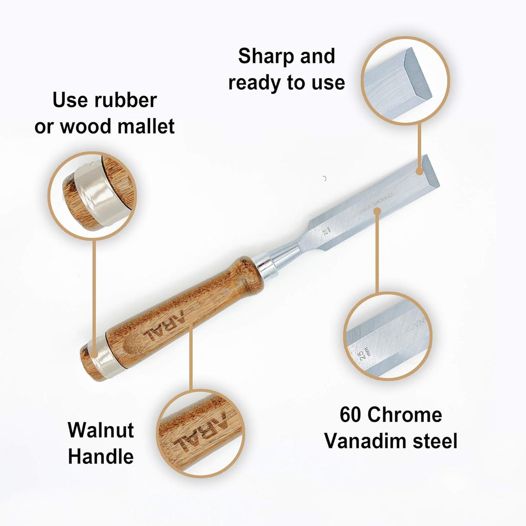 8 Pcs Wood Chisel Set with Walnut Handle and Vanadium Steel Blade, Wood Box H26225