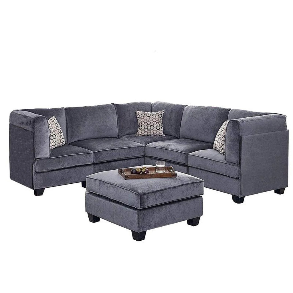 Gray Velvet 6Pc Modular Sectional Sofa with Ottoman and 3 Accent Pillows G4972