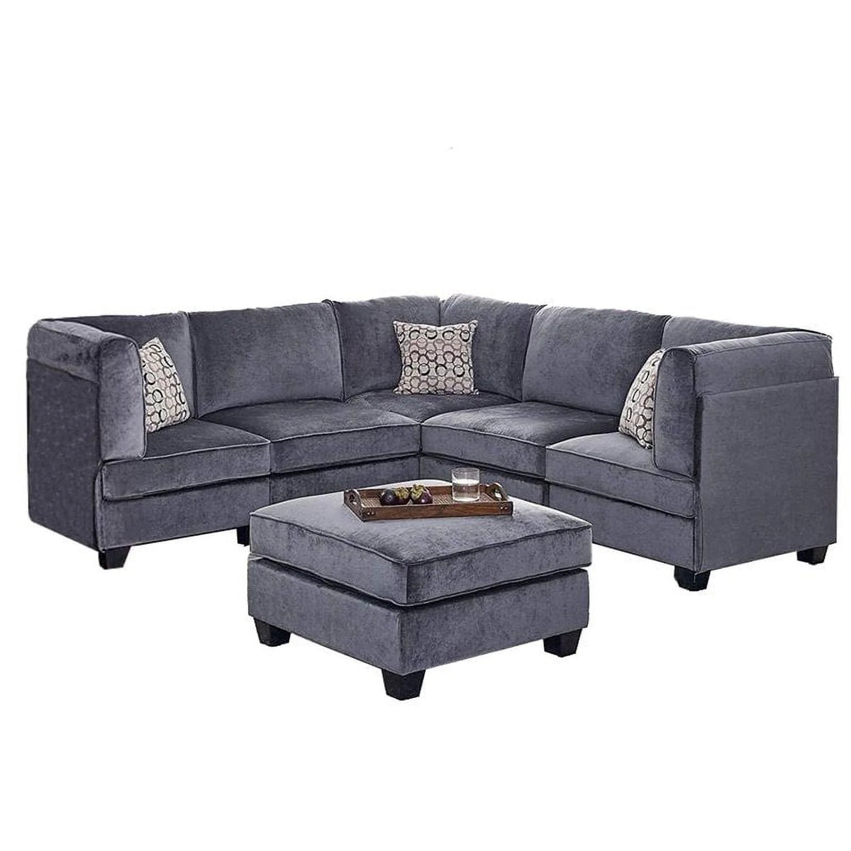Gray Velvet 6Pc Modular Sectional Sofa with Ottoman and 3 Accent Pillows G4972