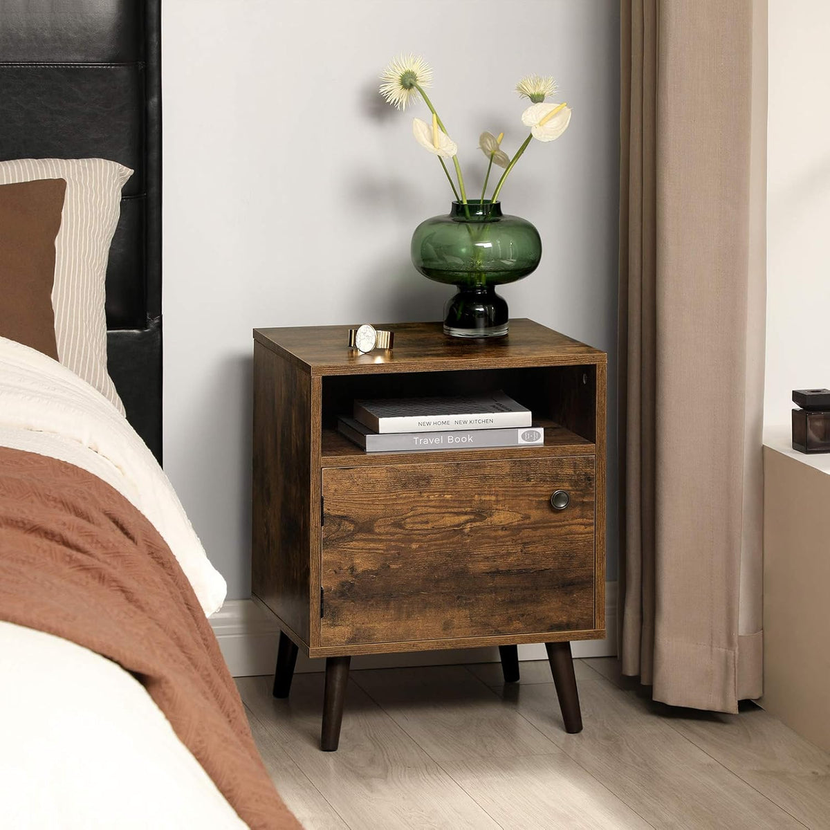 Rustic Brown Nightstand with Open Shelf and Cabinet O67869