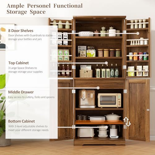 White Freestanding Kitchen Pantry Cabinet with 8 Door Shelves, 2 Cabinets and 1 Drawer Q5154