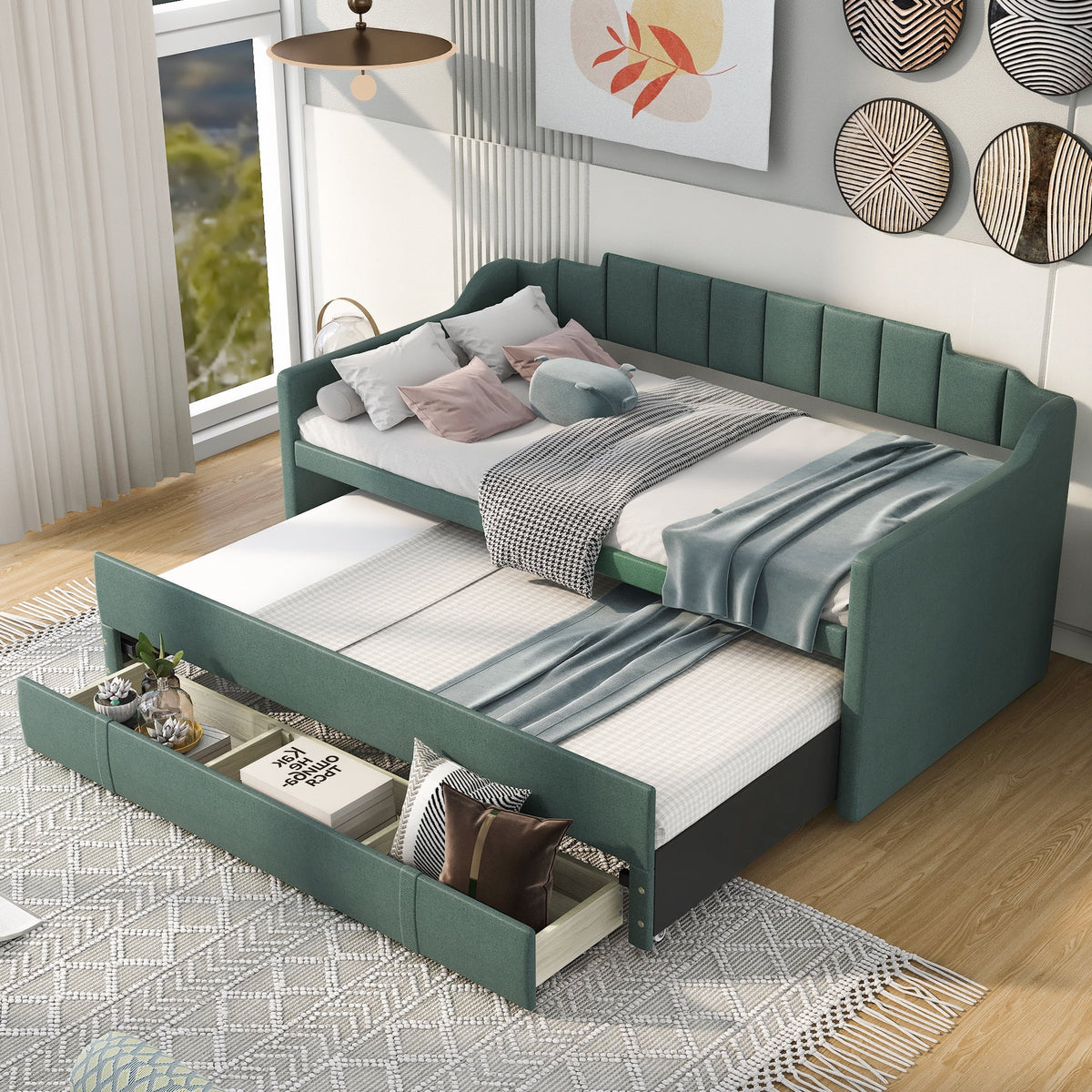 Twin Size Upholstered Daybed with Trundle and Three Drawers Y8352