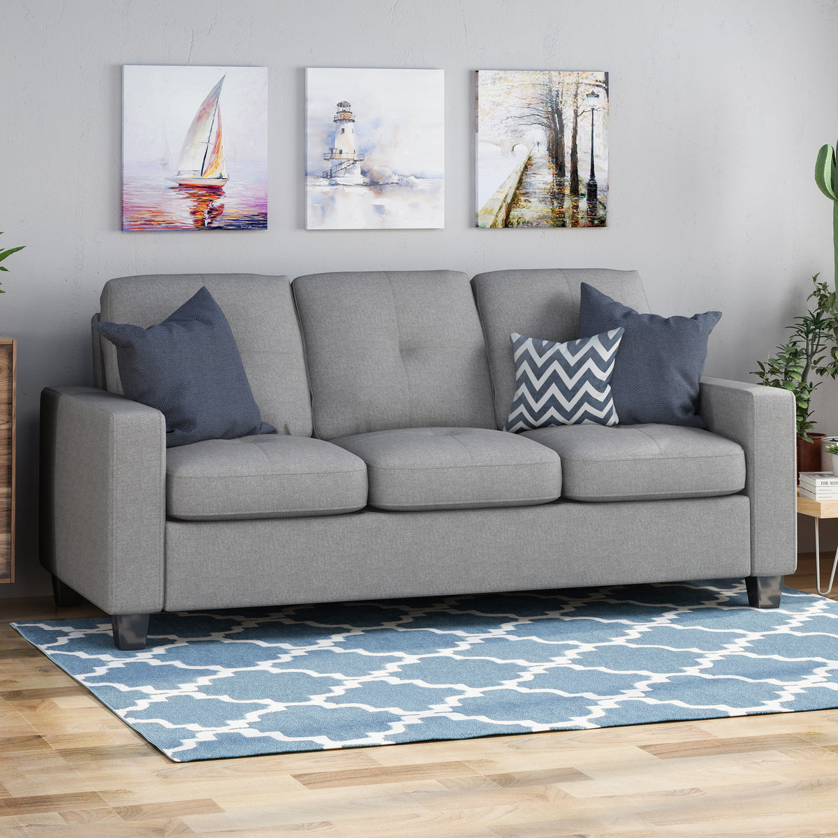 Gray and Dark Brown Fabric Tufted 3 Seater Sofa T7716