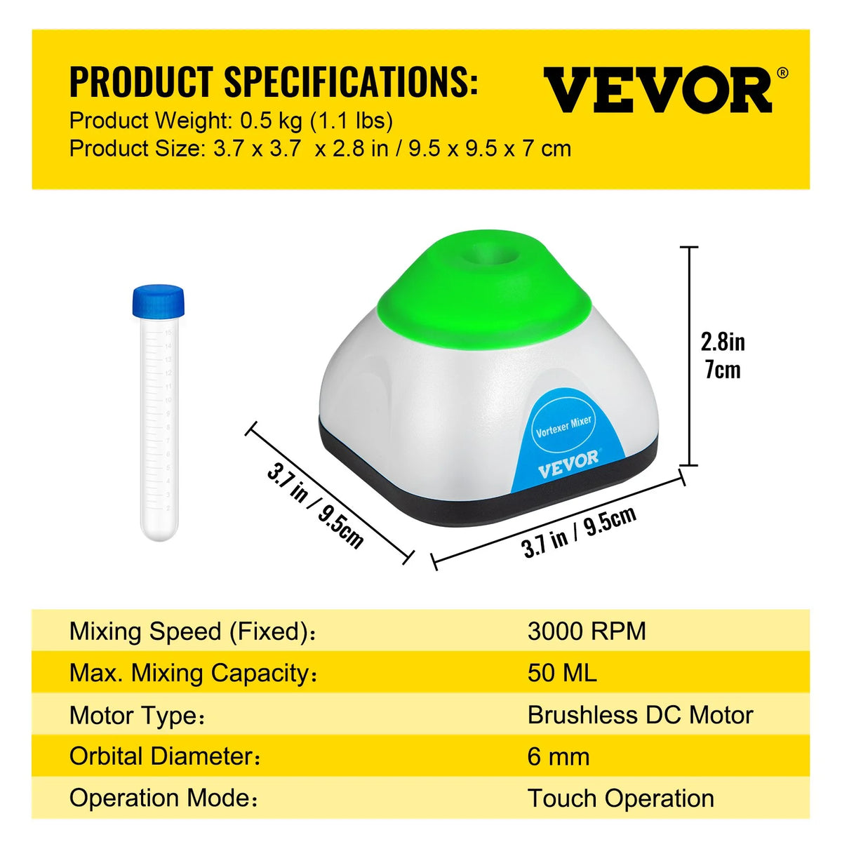 Compact Vortex Mixer, 3000RPM Lab Shaker with Touch Operation, 50ML Capacity, 6mm Orbital Movement J1114