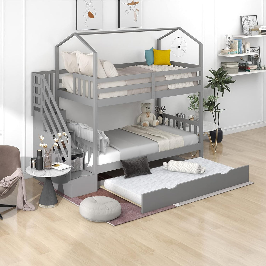 Espresso Twin Over Twin Wood Bunk Bed with Trundle and Storage I13340