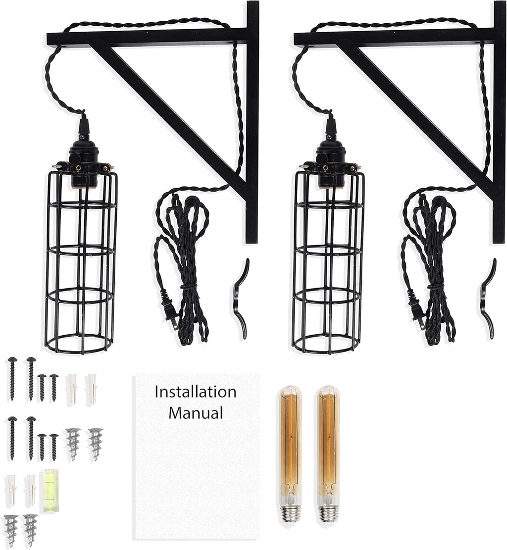2 Vintage Farmhouse Design Wall Lamp Sconce Set with Wood Wall Bracket H502