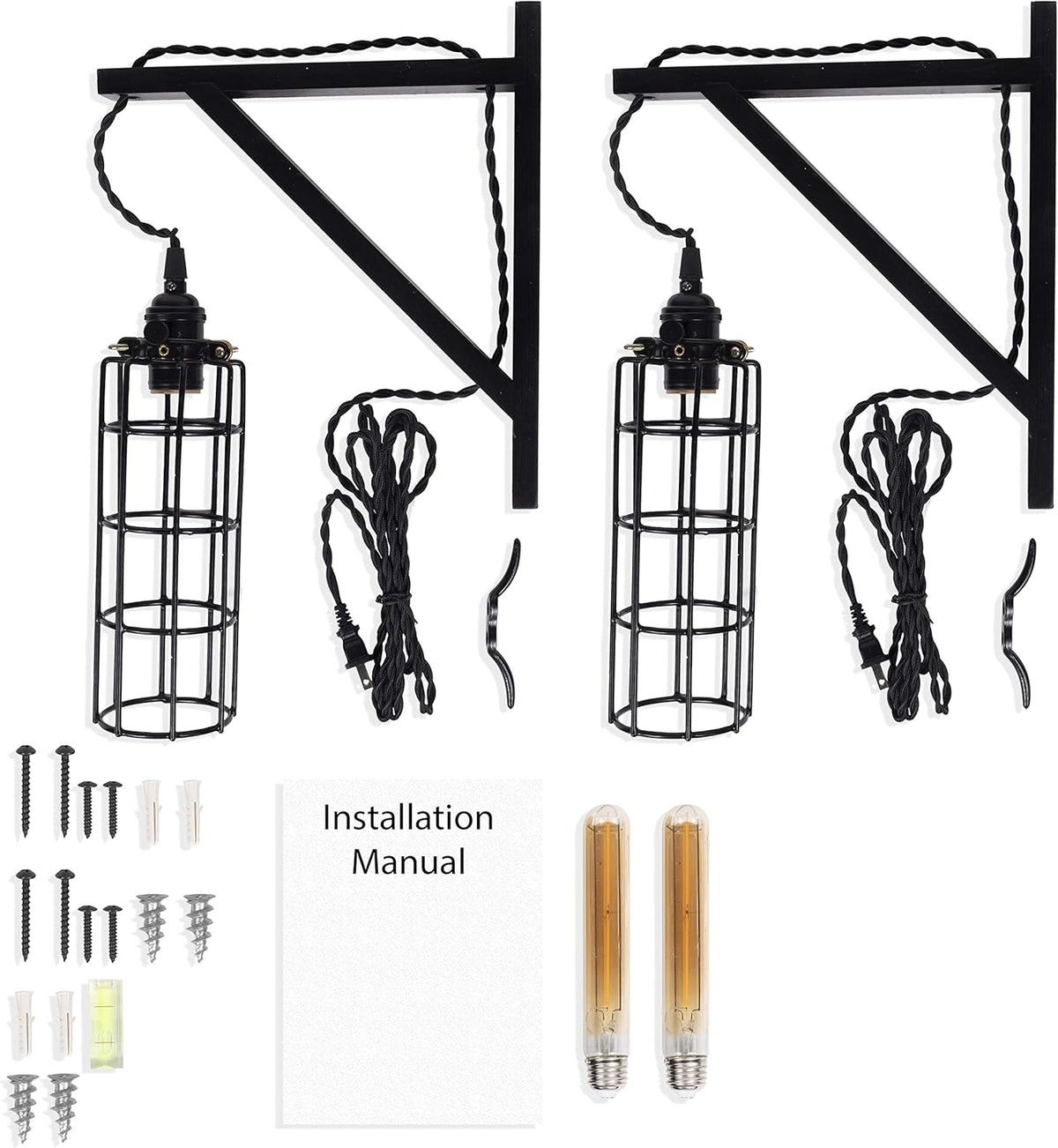 2 Vintage Farmhouse Design Wall Lamp Sconce Set with Wood Wall Bracket H502