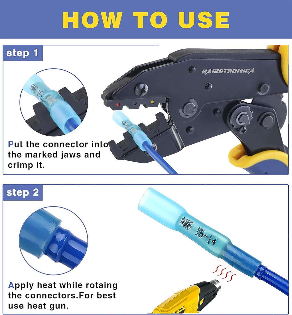 Crimping Tool for Heat Shrink Connectors with 200PCS Marine Grade Heat Shrink Butt Connectors of Tinned Red Copper AWG 20-10 G1906