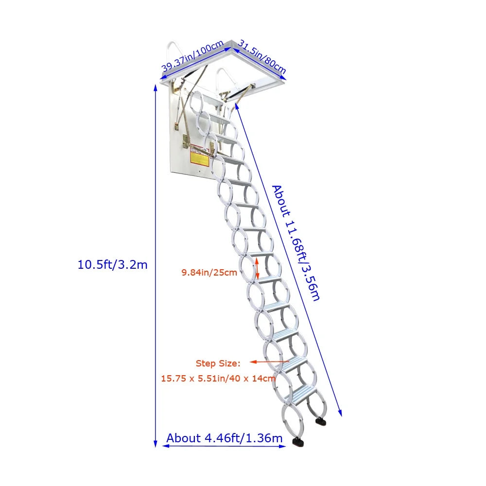 Attic Pull Down Ceiling Ladder Stairs Retractable Folding Extension Loft Stairs Ti-Mg Alloy White 31.5*39.37in Max. 10.5ft Height L6005