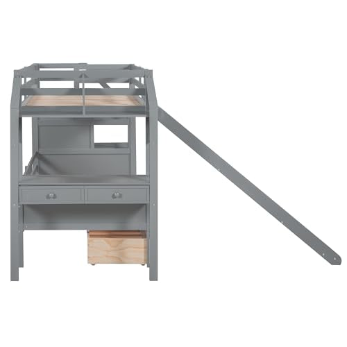 White Twin Over Full Solid Wood Bunk Bed with Stairs and Slide K84352