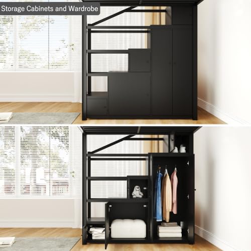 Full Size Metal Loft Bed with Wardrobe and L-Shaped Desk I751474