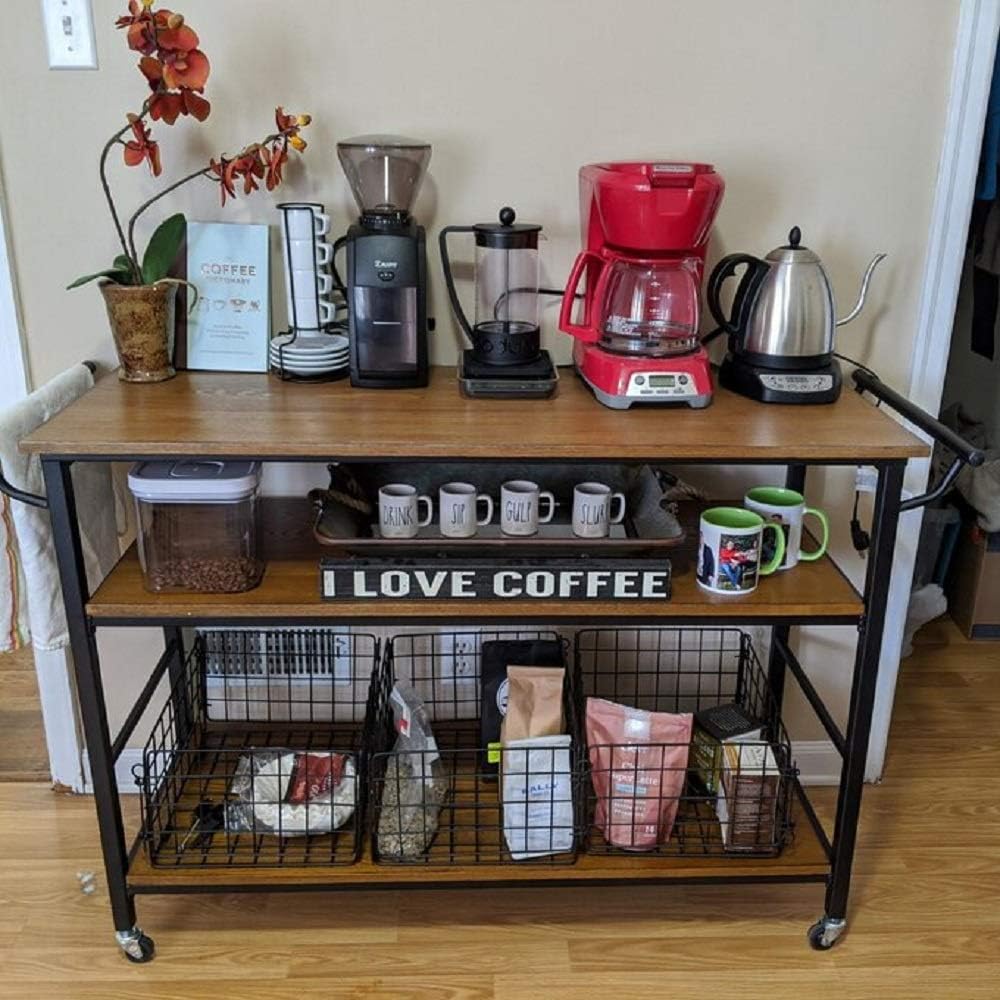 Industrial Kitchen Cart with Wheels and 3 Metal Storage Baskets G844