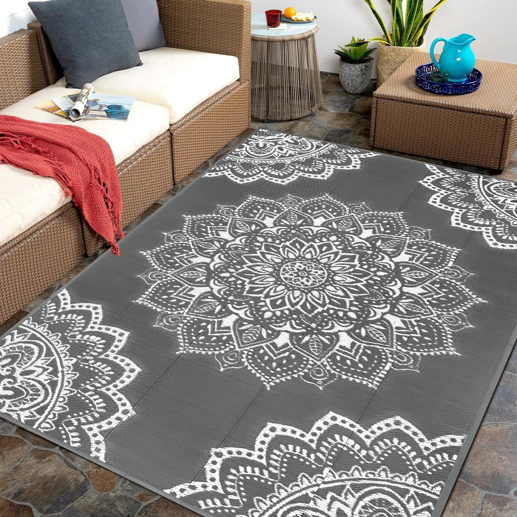Waterproof Outdoor Rug 5x8 ft, Reversible Plastic Straw Rug (Grey) F39706