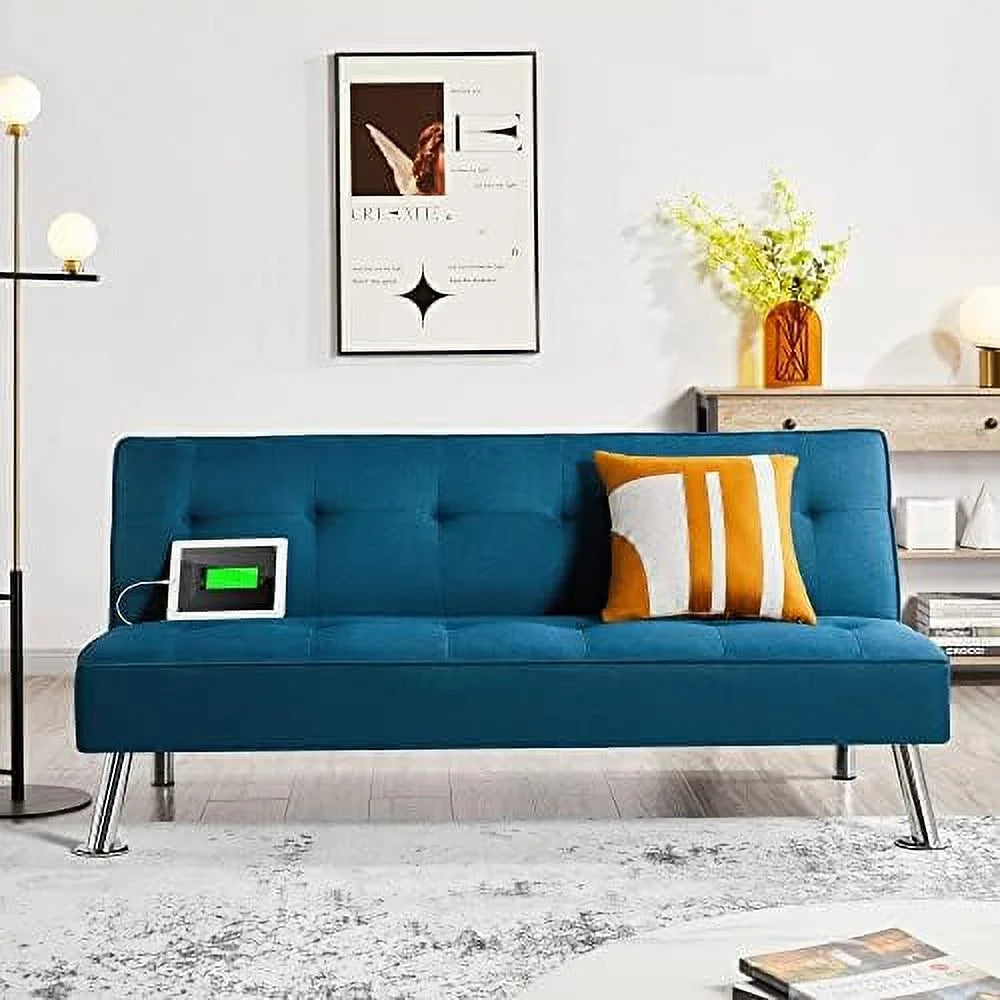Convertible Futon Sofa Bed with 2 USB Charging Ports Fabric Loveseat Couch Metal Legs Z259