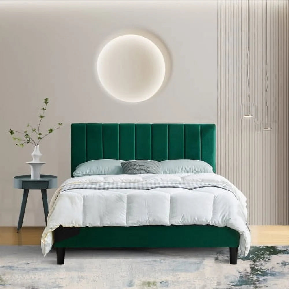 Queen Size Platform Bed with Upholstered Headboard and Slat Support S24502
