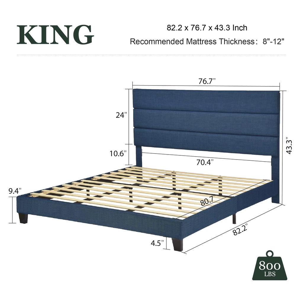 King Size Navy Blue Fabric Upholstered Platform Bed Frame with Headboard N34435