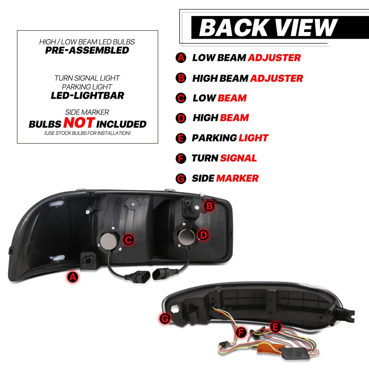 Headlights Assembly with 2 Pairs Pre-Assembled 6000K LED Bulbs V649
