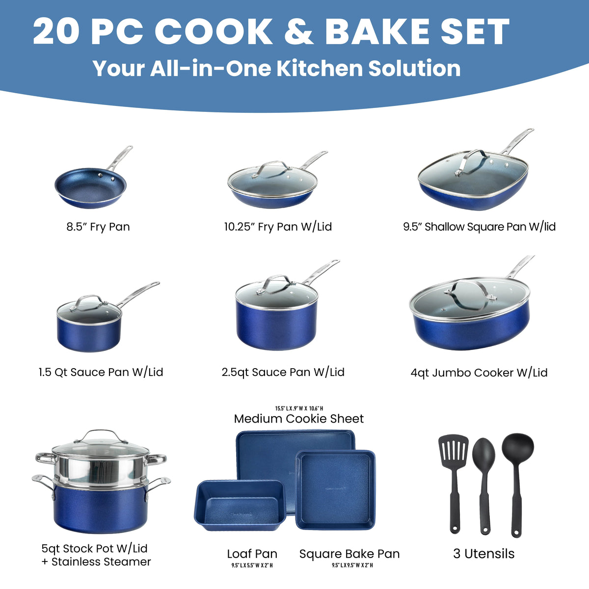 20 Piece Nonstick Blue Cookware Bakeware Set J312919