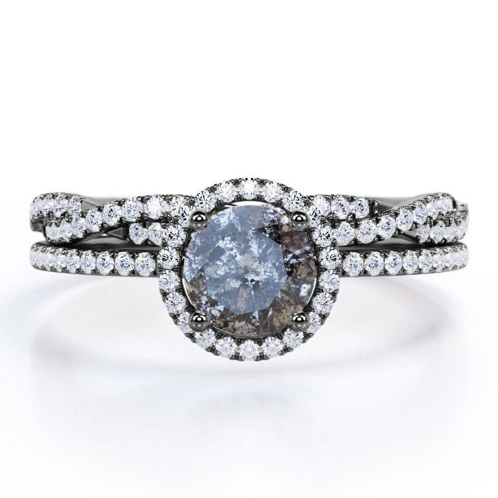 Four-Prong Halo Setting 1.5 Carat Round Brilliant Cut Gray Salt and Pepper Diamond Bridal Ring Set in 18K Black Gold Plating over Silver A417880