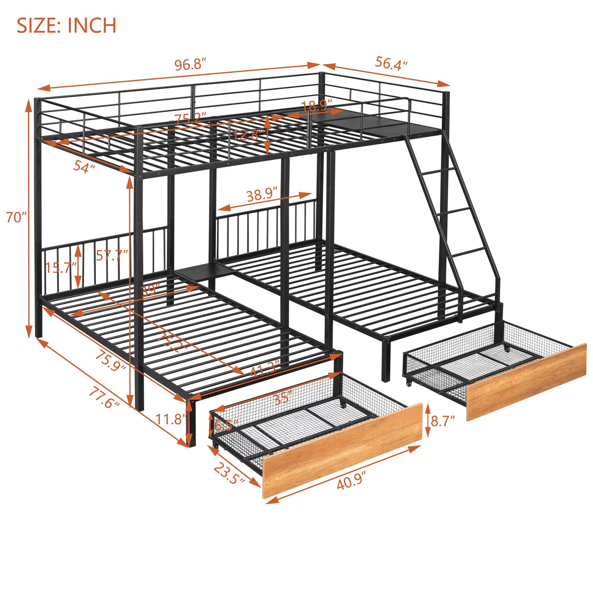 Black Metal Triple Bunk Bed with Drawers X139453