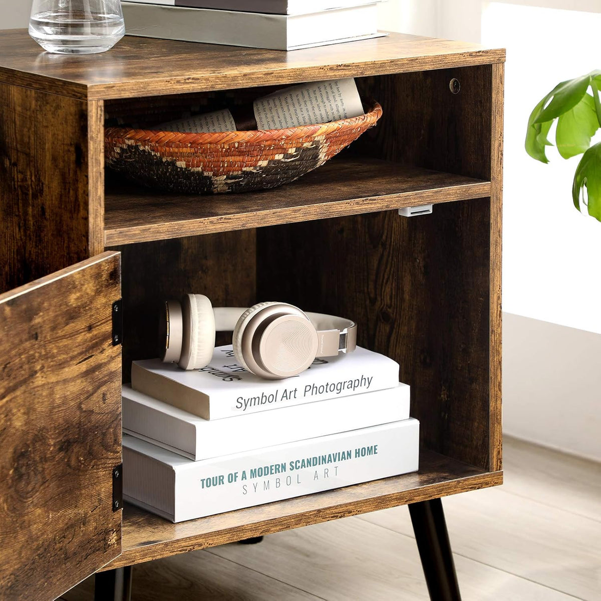Rustic Brown Nightstand with Open Shelf and Cabinet O67869