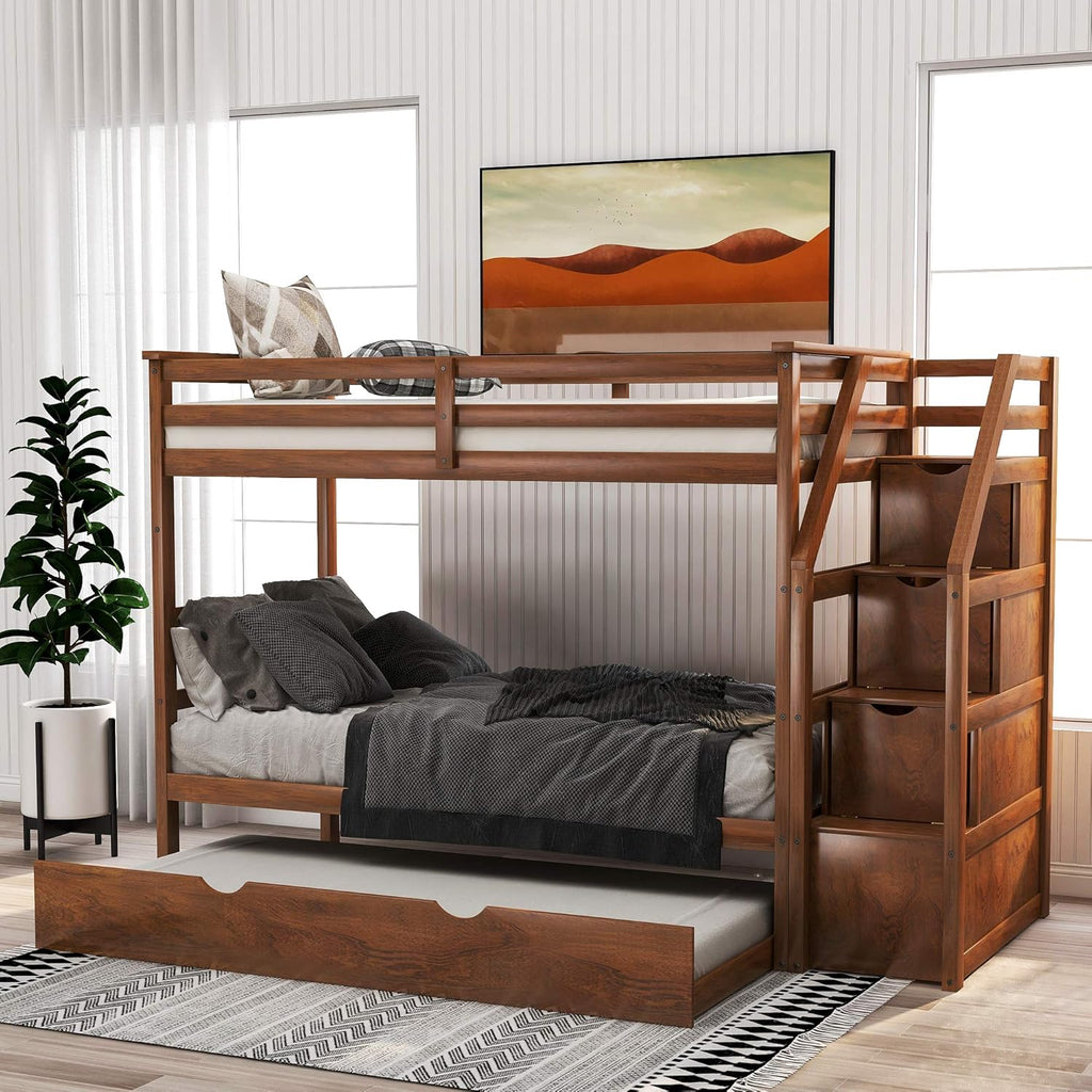 Espresso Twin Over Twin Wood Bunk Bed with Trundle and Storage I13340