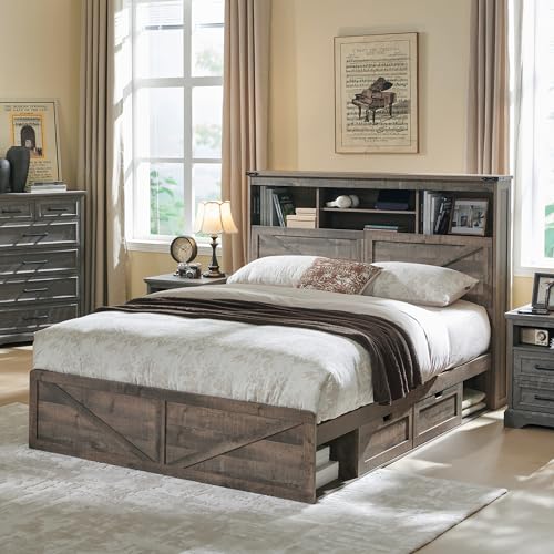 Queen Size Wood Bed Frame with Storage Bookcase Headboard 4 Drawers Z294