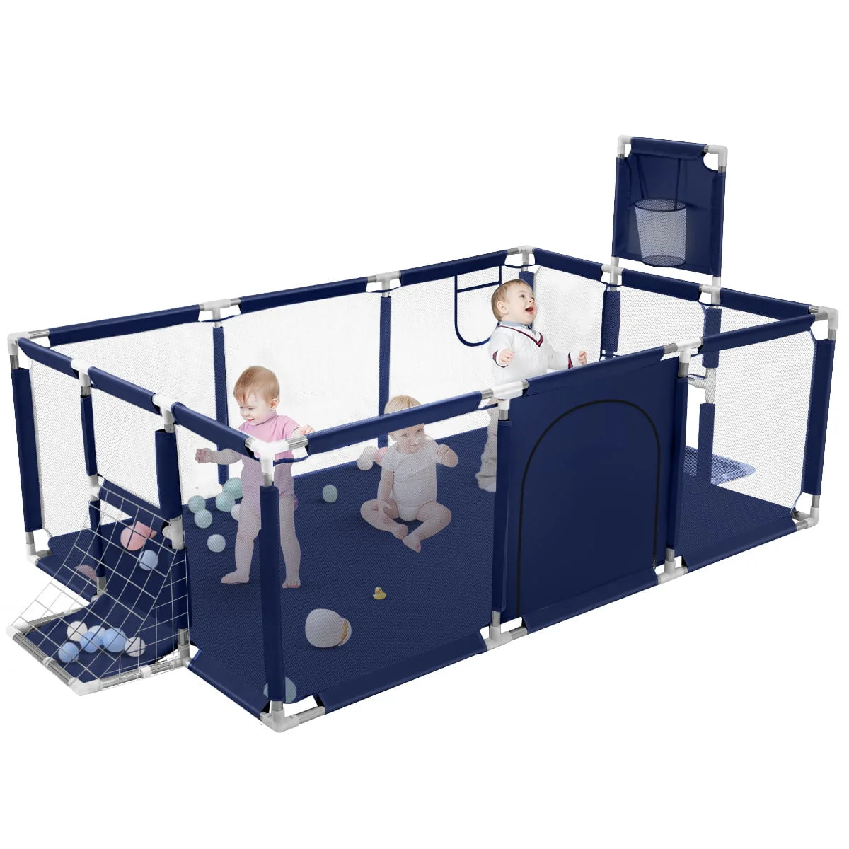 71 Inch Blue Baby Playpen with Basketball Hoop and Mesh R126