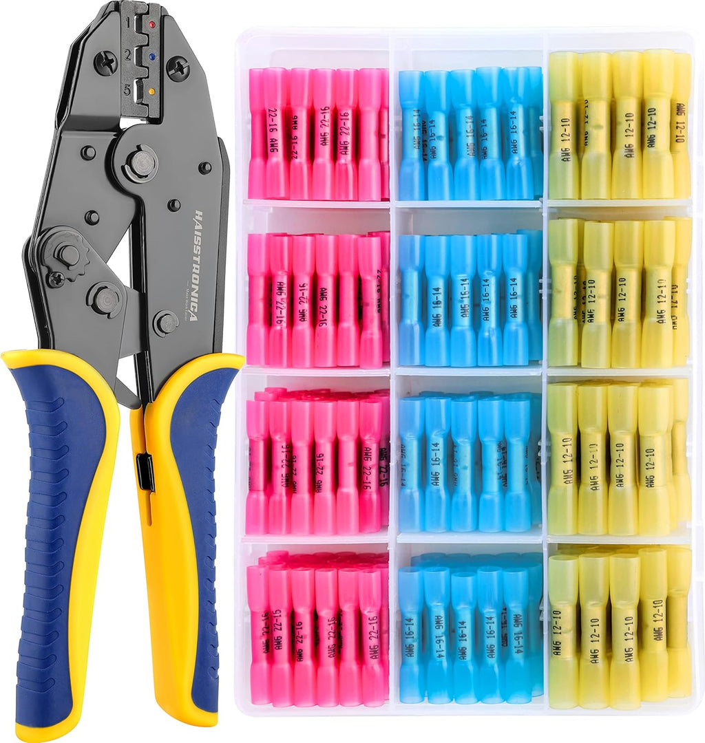 Crimping Tool for Heat Shrink Connectors with 200PCS Marine Grade Heat Shrink Butt Connectors of Tinned Red Copper AWG 20-10 G1906