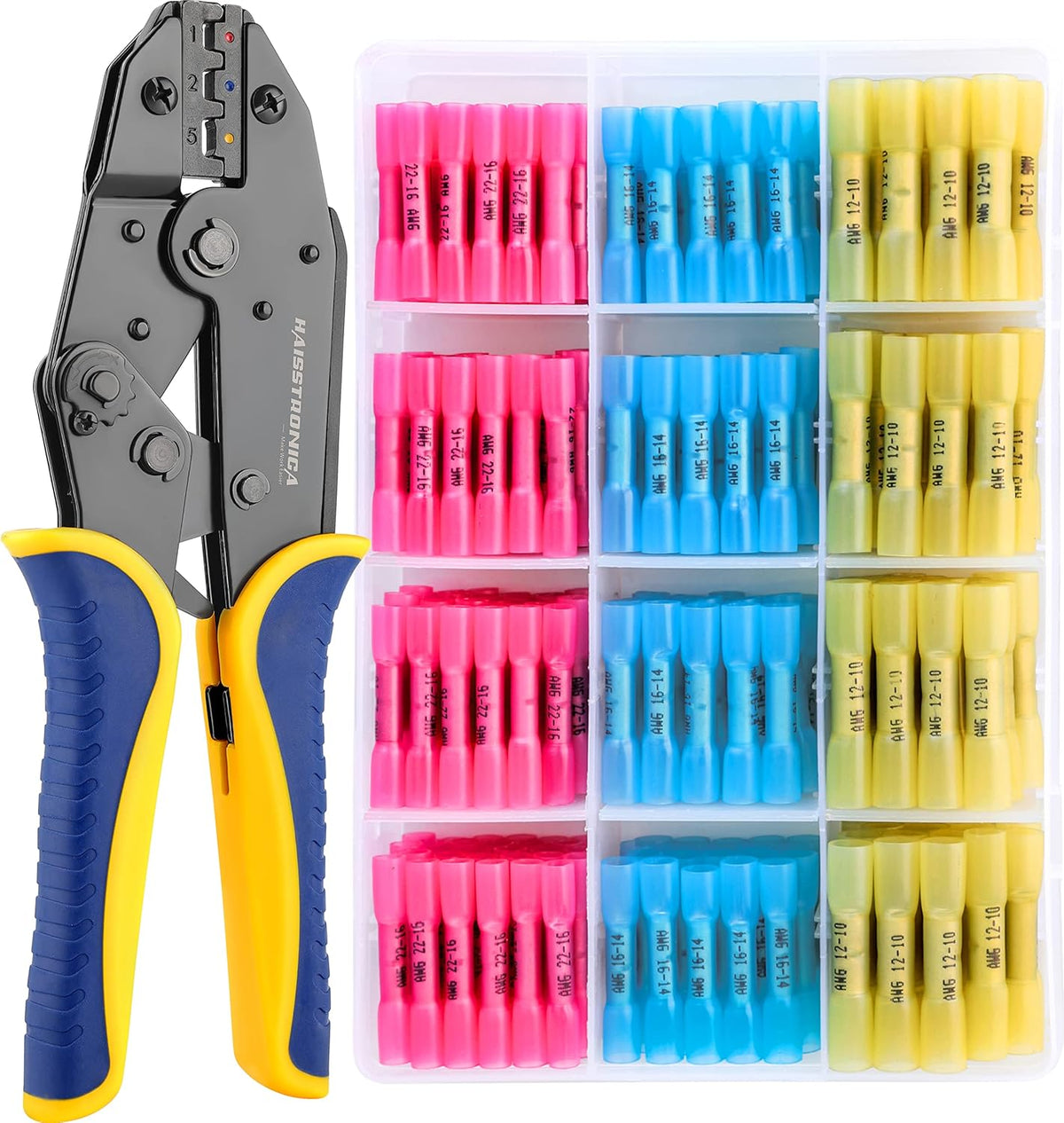Crimping Tool for Heat Shrink Connectors with 200PCS Marine Grade Heat Shrink Butt Connectors of Tinned Red Copper AWG 20-10 G1906