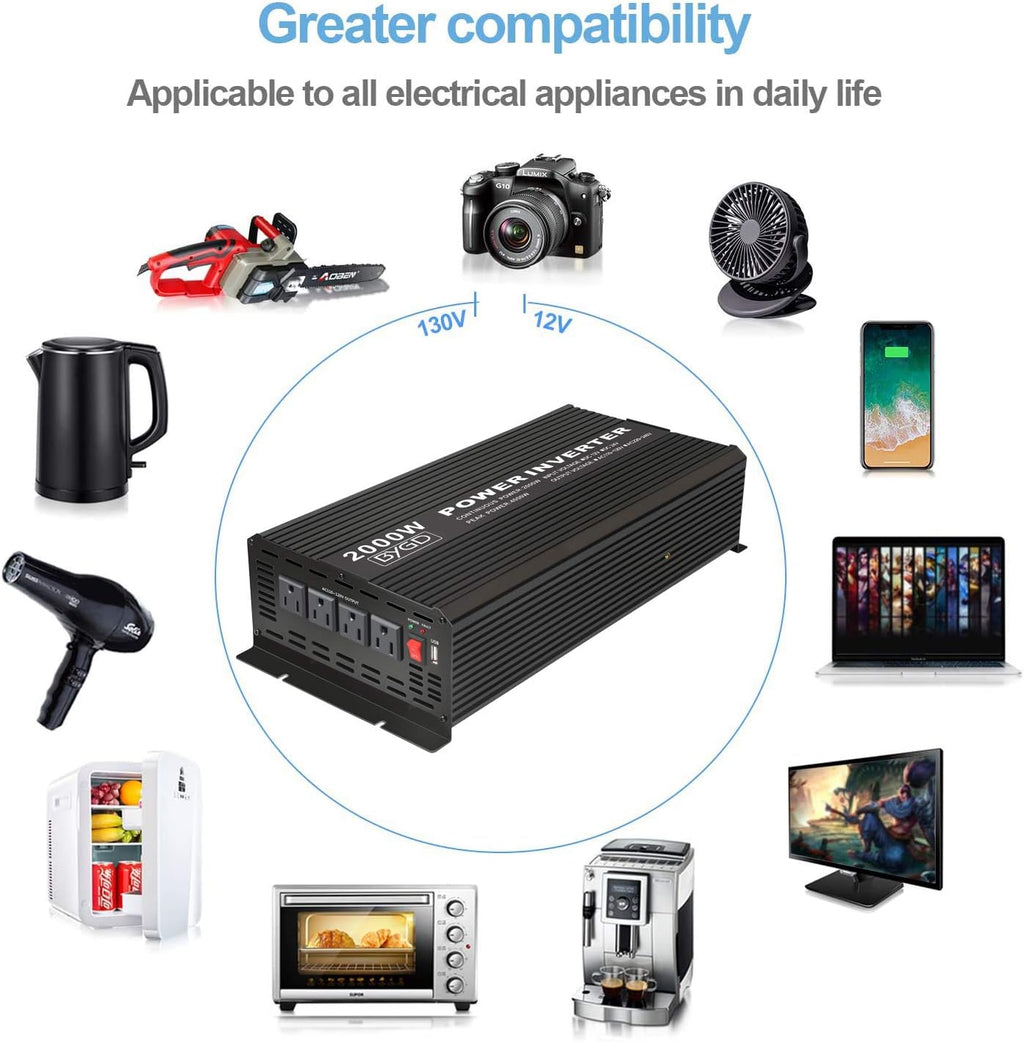 2000W Power Inverter 12V to 110V DC to AC Modified Sine Wave Inverter with 4 AC Outlets 2.1A USB Ports K35230