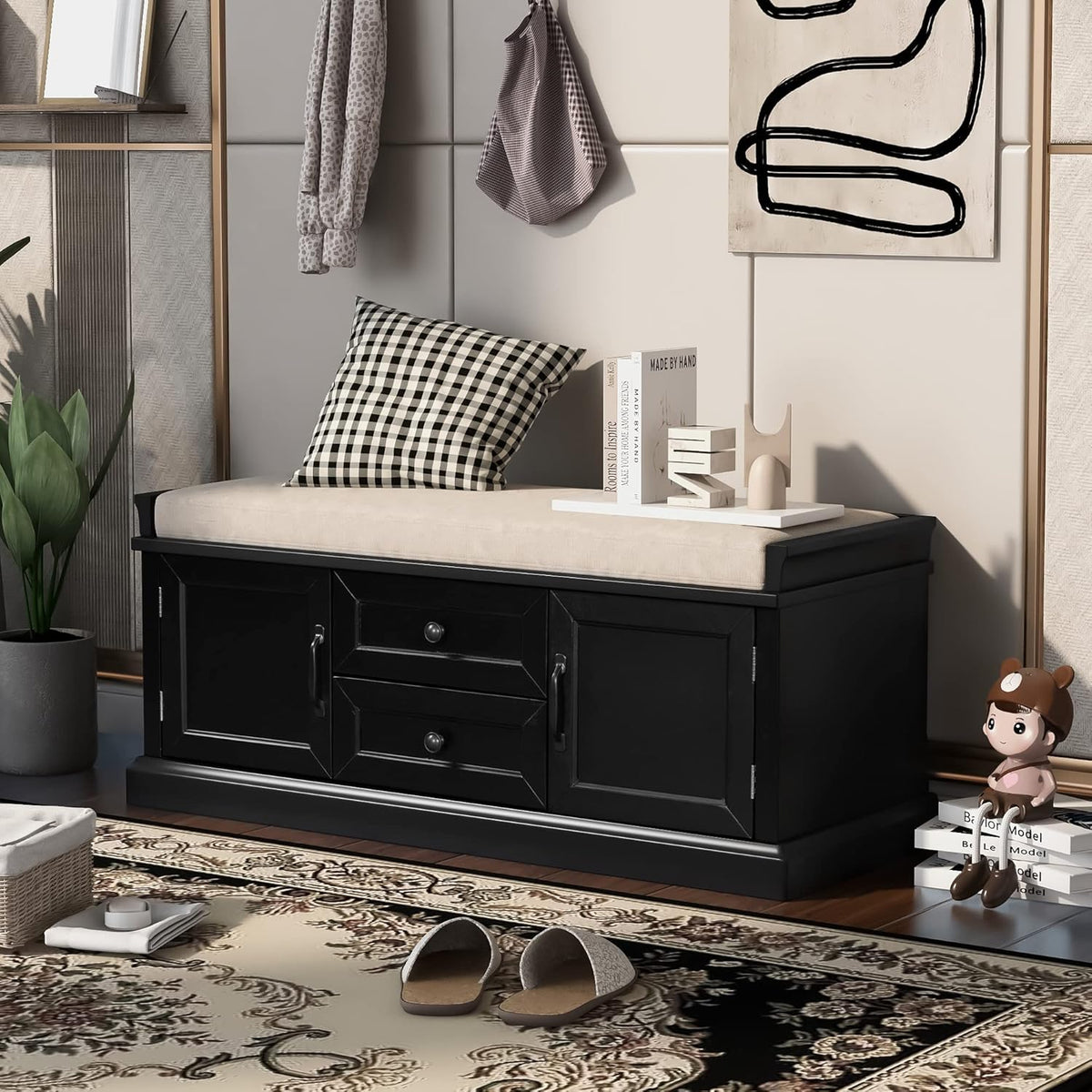 Black Storage Bench with 2 Drawers and 2 Cabinets with Removable Cushion R649295