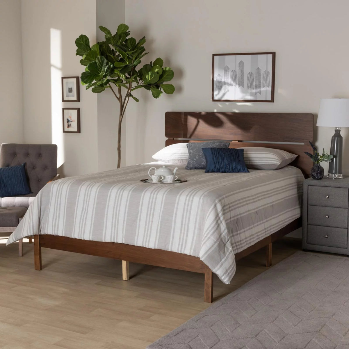 Gray and Oak Finished Wood Full Size Panel Bed Y9363